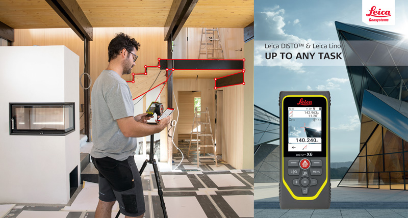 Leica iCON iCS20 utilisé pour marquer des points d’installation sur un mur et un ouvrier en vêtements foncés.